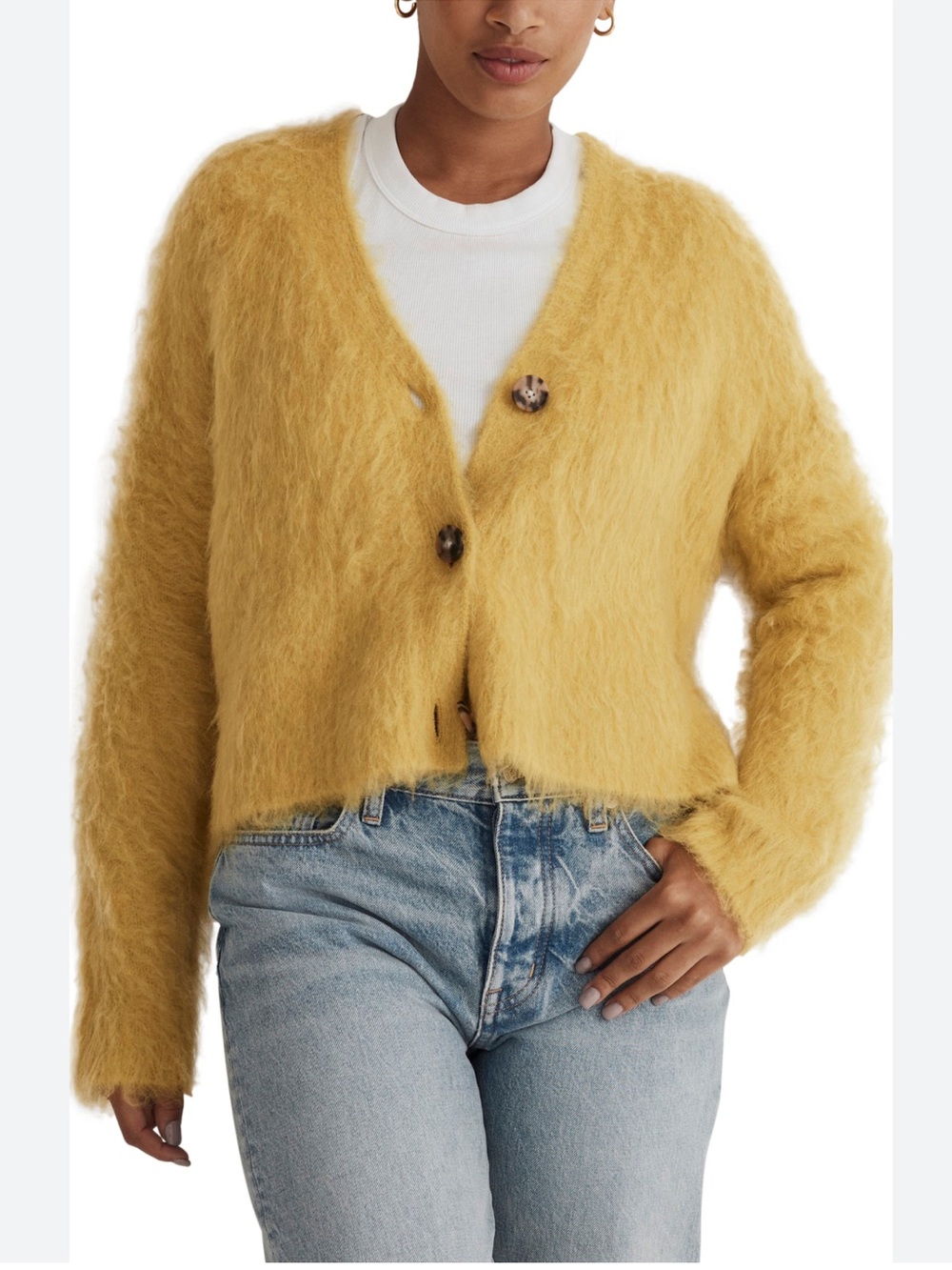 Madewell Yellow Fuzzy Cropped Button Cardigan